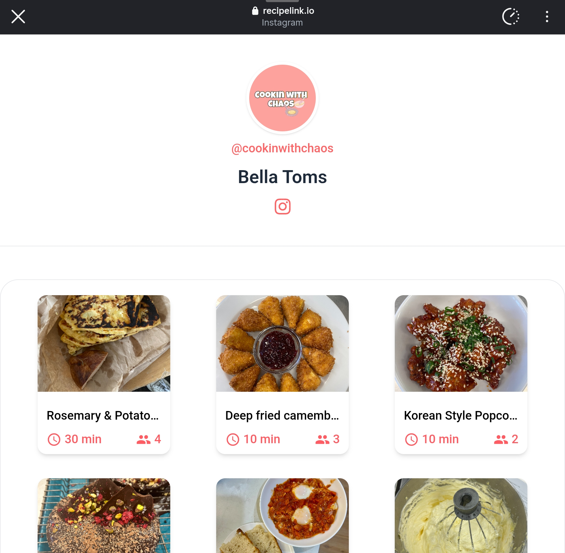 Public recipe page — clean grid of all your recipes